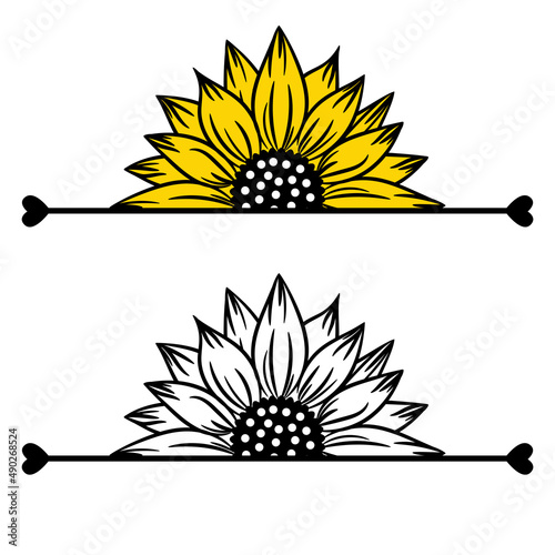 Sunflower border decor with half flowers outline drawing. Blooming splitted flowers decoration. Black and white illustration on white background.
