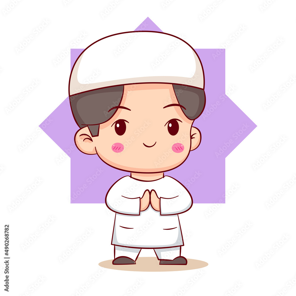 Cute Moslem boy greeting pose cartoon character Cute Moslem boy greeting pose cartoon character