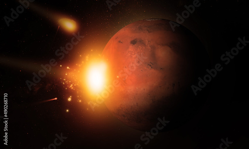 Asteroid Hitting Mars Planet with Fire Flames. Spectacular Cosmos Event and Astronomy Catastrophe Probability 
