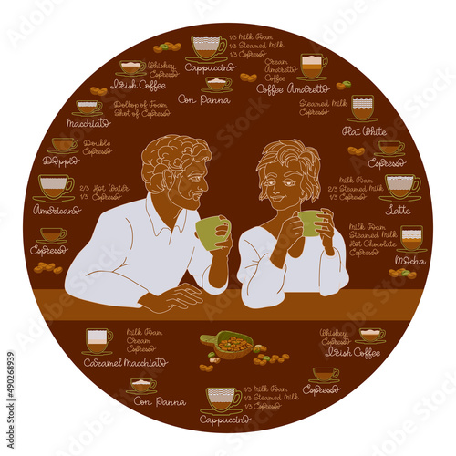 Man and woman with collection of different coffee drinks. Vector.