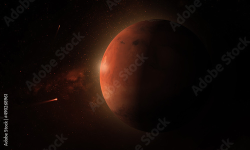 Realistic Mars Planet Atmosphere on Outer Space. Mars 3d Red Planet in Dark Starry universe. 