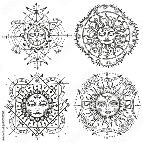 Black and white design set with fantasy mystic symbols and signs of sun and moon isolated on white background. Celestial hand drawn vector illustrations with esoteric, occult and gothic concept