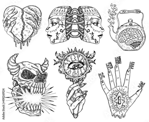 Black and white design set with fantasy mystic symbols and characters isolated on white background. Halloween hand drawn vector illustrations with esoteric, occult and gothic concept