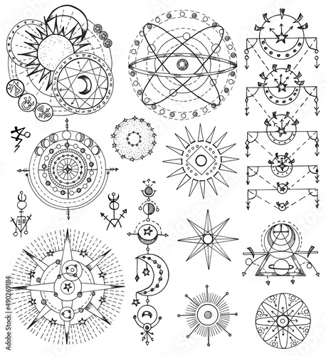 Black and white design set with fantasy mystic symbols and signs of sun and moon isolated on white background. Celestial hand drawn vector illustrations with esoteric, occult and gothic concept