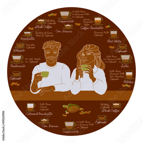 Man and woman with collection of different coffee drinks. Vector.