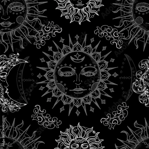 Celestial seamless pattern with fantasy mystic symbols and signs of sun and moon. Hand drawn vector illustrations with esoteric, occult and gothic concept