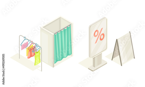 Online shopping elements set. Dressing room and trade exhibition stand displays. E-commerce concept isometric vector illustration