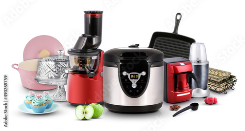 kitchen appliances. Blender, coffee machine, pressure cooker, pan, pot and slow juicer isolated on white.
