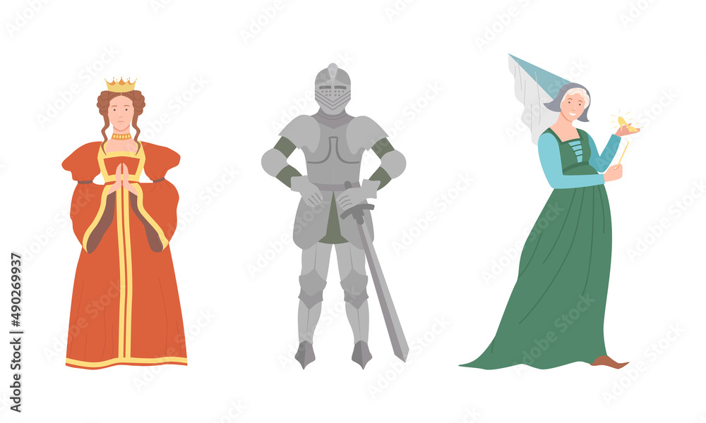 Heroes of fairy tales set. Queen, knight and fairy cartoon vector illustration