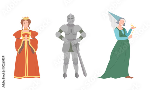 Heroes of fairy tales set. Queen, knight and fairy cartoon vector illustration