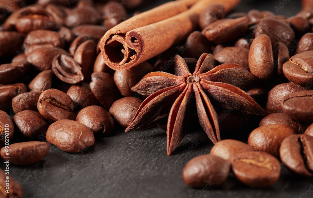 Coffee beans. On a black background. Top view. Space for copying. Coffee beans. On a black background. Top view. Space for copying.