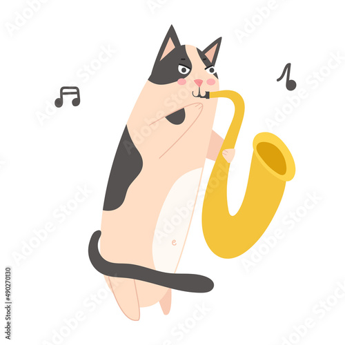 vector Cat plays the Saxophone. A hand drawn Kitten with black spots plays a brass Musical Instrument. Cute Jazz Musician. Flat illustration isolated on white.