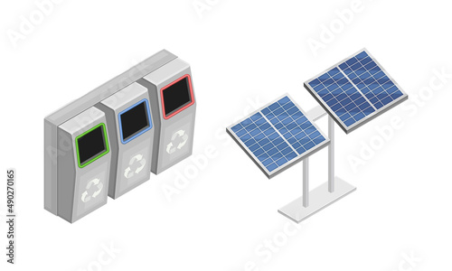 Waste sorting and recycling, solar panels isometric vector illustration