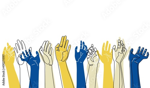 Banner with human hands close up. Drawing in yellow and blue colors of the Ukrainian flag. Support Ukraine. Pray for Peace. 