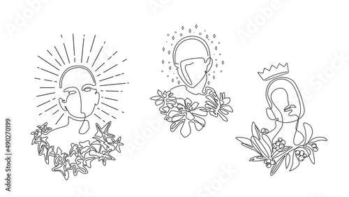 Abstract pictures with faces among plants. Vector illustration. Can be used a...