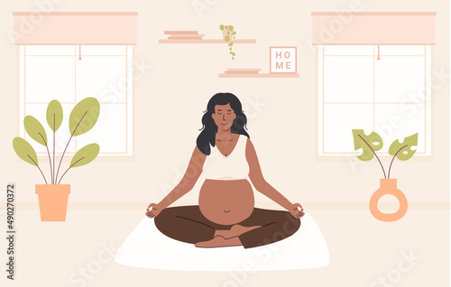 Pregnant black woman meditating at home. Prenatal yoga. African american female crossed legs sitting practicing meditation in room apartment. Relaxing exercise during pregnancy. Vector illustration.