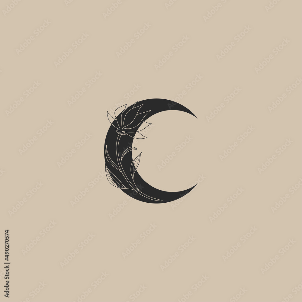Boho moon. Flowers in trendy linear minimal style, black silhouette, outline emblem or logo for jewelry, cosmetics, beauty and tattoo, mystery feminine, esoteric and astronomy vector illustration Boho moon. Flowers in trendy linear minimal style, black silhouette, outline emblem or logo for jewelry, cosmetics, beauty and tattoo, mystery feminine, esoteric and astronomy vector illustration