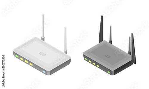 Wireless routers with antenna, modern wireless mobile devices isometric vector illustration