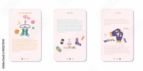 Set of three mobile screens for an app. Concept of handmade workshop and leisure time. Advertisement and web banners. Vector illustration