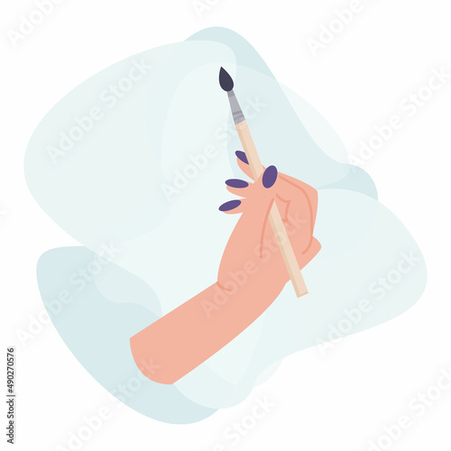 Hand with paintbrush. Vector illustration of hands with art supply. Hand drawn  style. Concept of handmade workshop, art school or shop. Artist lifestyle, art shop, painting tutorial. Hand, palm, nail