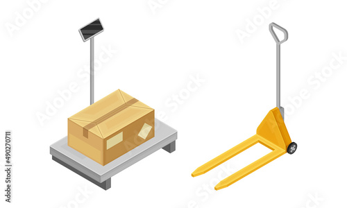 Warehouse objects set. Scales and forklift. Storage and logistic concept isometric vector illustration