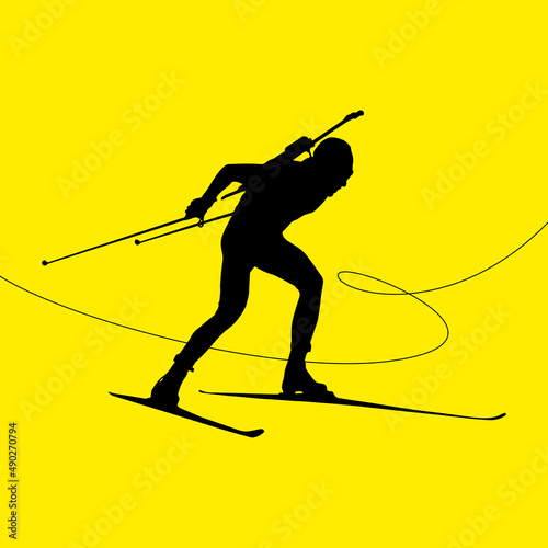 Biathlon logo concept. Vector illustration isolated on the yellow. Biathlon silhouette.
