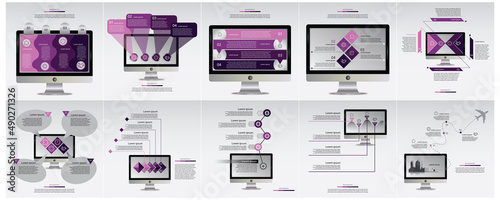 Set of infographic elements data visualization vector design template on Monitor