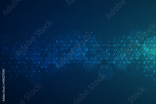 Hexagons pattern on blue background. Genetic research, molecular structure. Chemical engineering. Concept of innovation technology. Used for design healthcare, science and medicine background