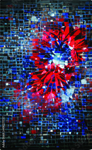 Abstract mosaic, red-blue explosion on a black background. Scattering cubes, particles. creative background for album, illustration, book. photo