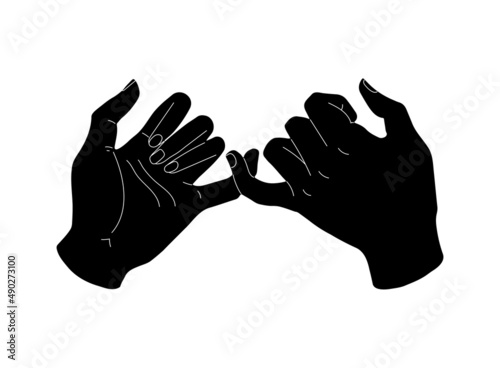 Pinky promise. Black hands silhouette. Little fingers hand drawn. Vector illustration of a pair of people's hands swearing on a white background.