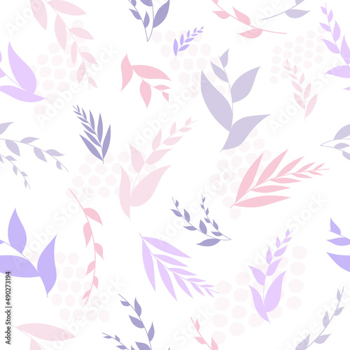 Seamless vector pattern with pink leaves. Pattern with minimal modern leaves. Doodle Leaves art. Botanical vector pattern.