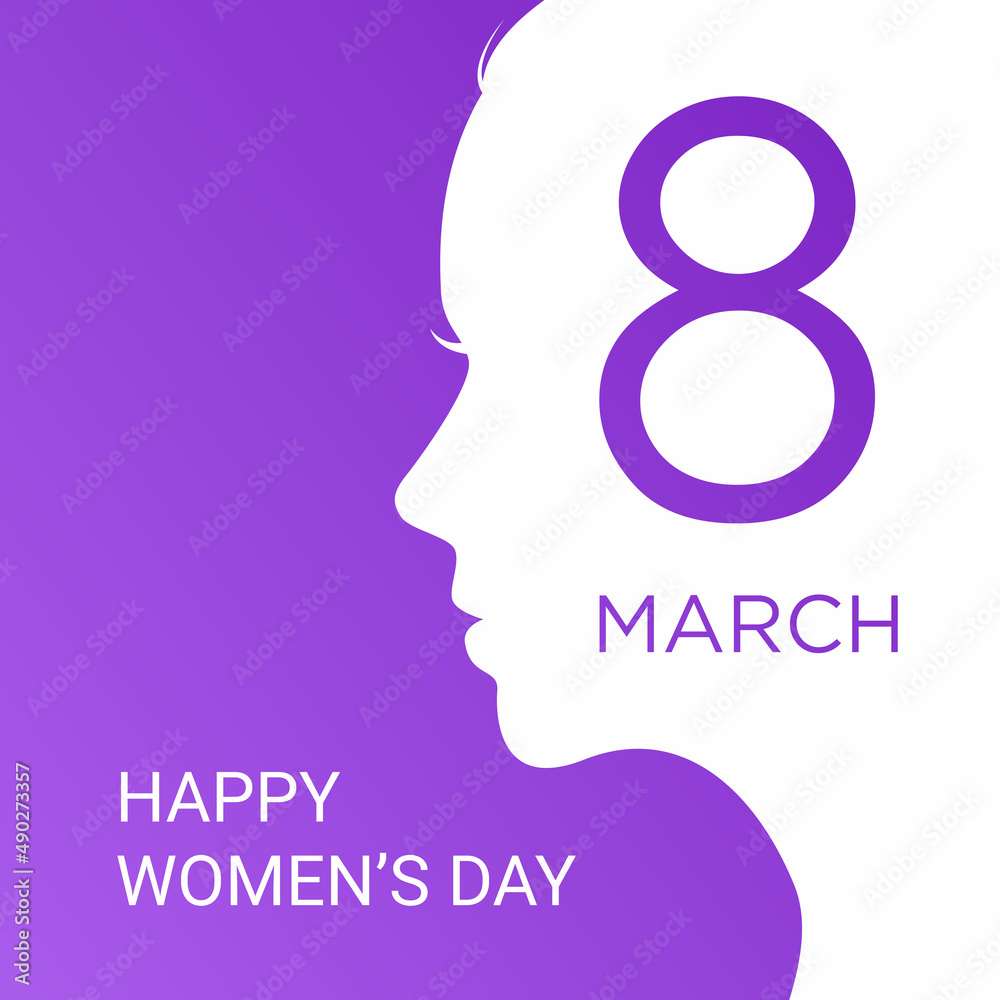 Happy Women's Day women face greeting card, gift card on Purple background  with design of a women face and text 8th March International women day  Stock Vector