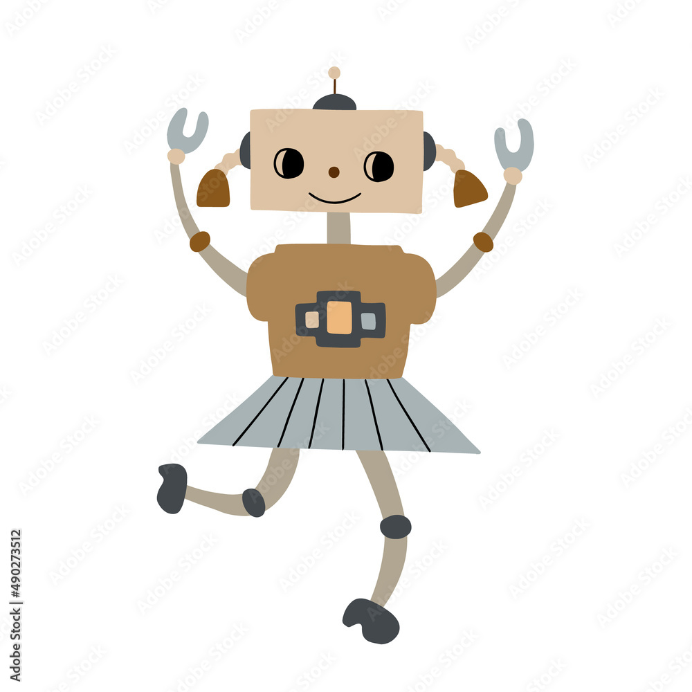 Cute happy funny cartoon robot dancing. flat vector illustration isolated on white background. Cute happy funny cartoon robot dancing. flat vector illustration isolated on white background.