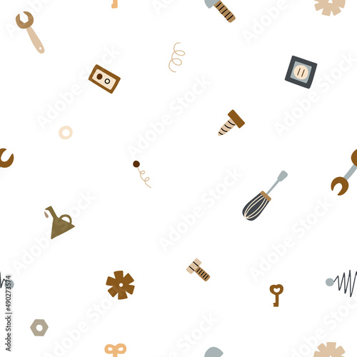 Pattern with details and tools for creating robots. Cute vector illustration isolated on white background for baby textile and kids room decoration