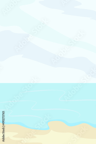 Landscape background with blue sea  gold sand and light clouds. Vector illustration in flat pastel style
