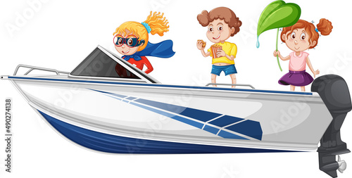Boy and girl standing on a speed boat on a white background