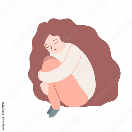 Sad lonely depressive person in the fetal position. Resentment, mental disorder, stress. Headache and migraine. Hopelessness and despair. Stock vector cartoon illustration on a white background.