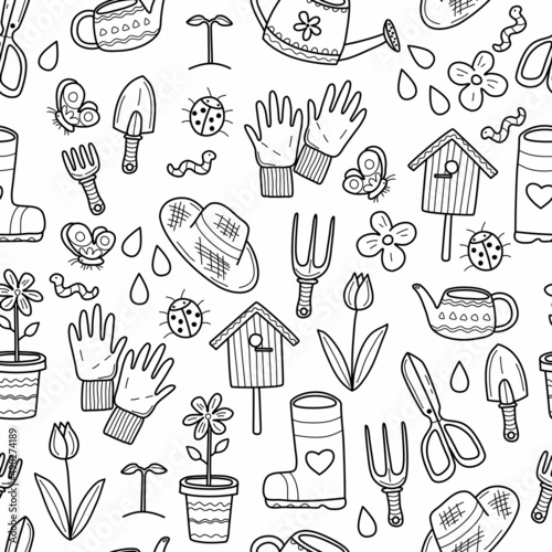 Spring garden doodle seamless pattern. Hand drawn doodle garden flowers, birdhouse, shovel, pitchfork, pot, beetle, watering can, hat, boots, scissors. Stock vector black and white set illustration.