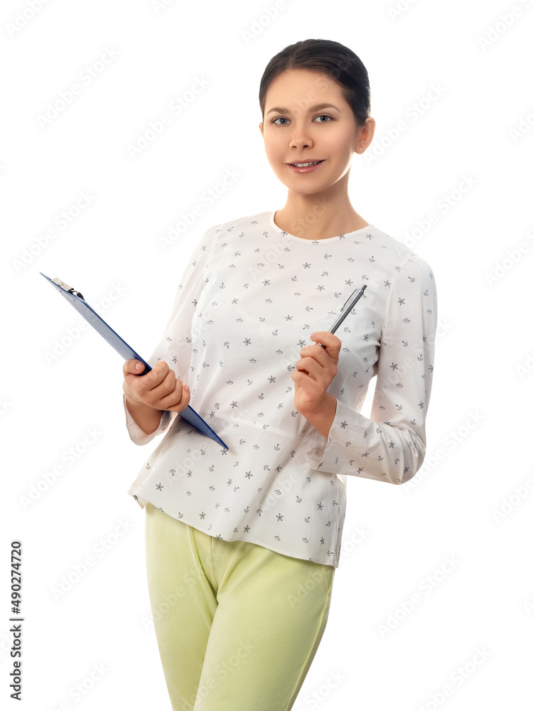 Woman in casual clothing holding clipping pad Woman in casual clothing holding clipping pad