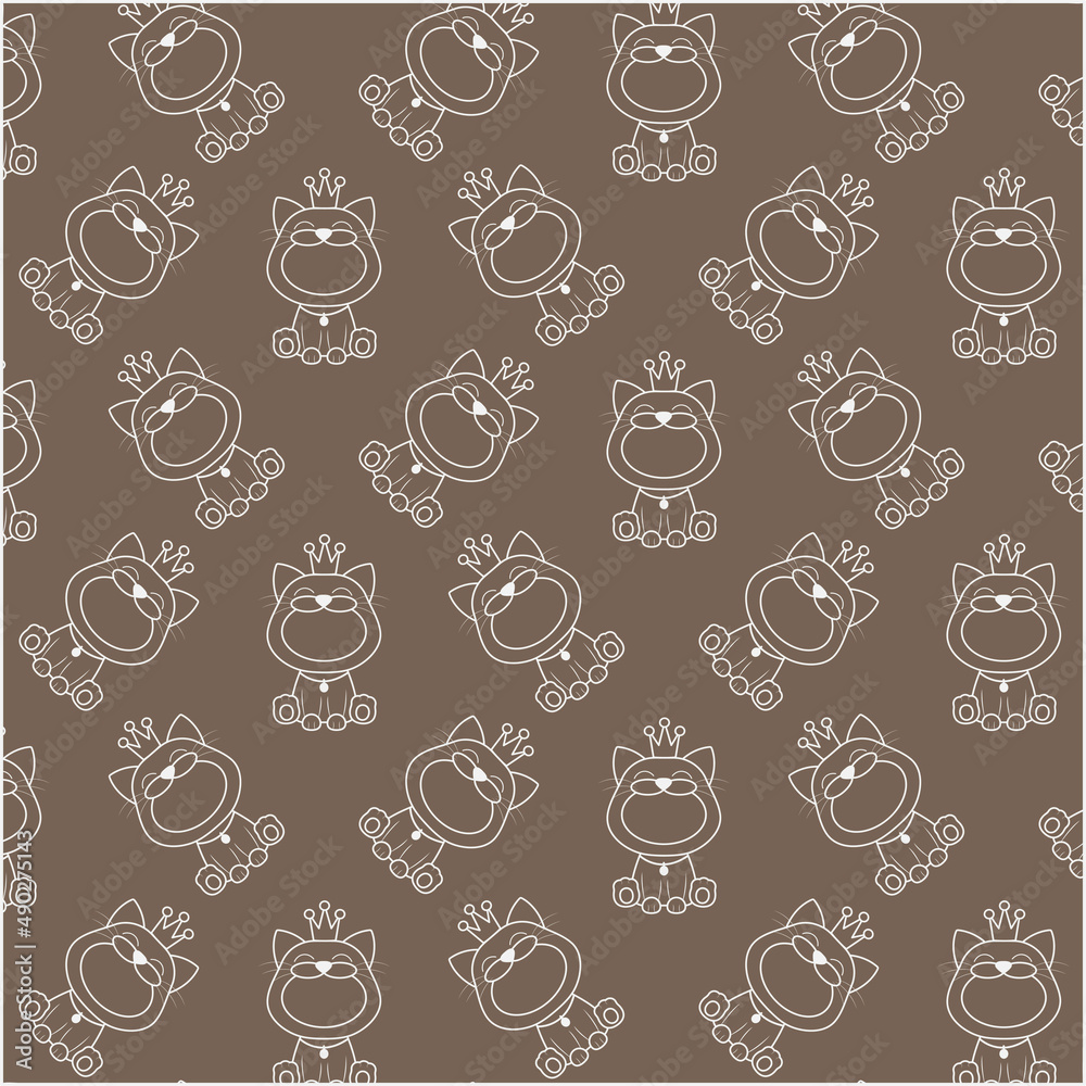 Pattern with funny cats with a white contour with a crown on their heads on a dark background
