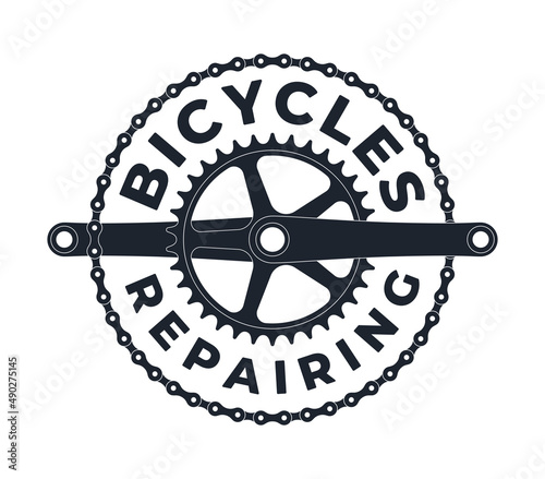 Vector black template circular logo emblem bicycle repair. Symbol of cranks with a chain. Isolated on white background.