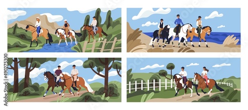 Horseback riders in nature set. People riding horse, stallion backs. Landscapes with men, women in helmets during equestrian trot, walk, run in summer. Horseriding sport. Flat vector illustrations