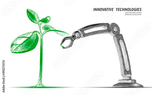 Plant sprout biotechnology abstract concept. 3D render seedling tree leaves DNA genome engineering vitamin supplement. Medical science life eco polygon triangles low poly vector illustration
