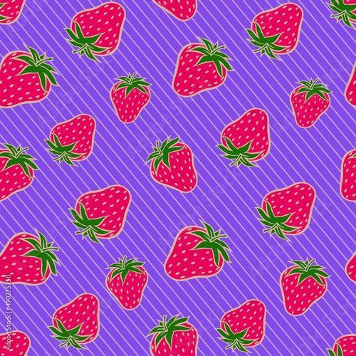 red strawberries with striped background vector seamless pattern colorful strawberry with purple wallpaper vector 