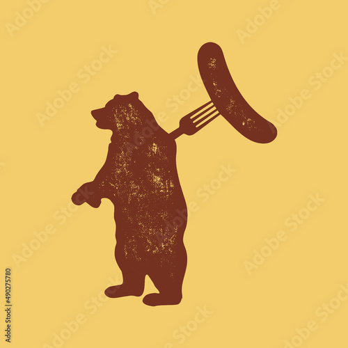Bear with fork and sausage. Logo for a restaurant, cafe, bar. Vintage logo.