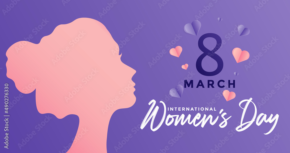 8 March International Women's Day Vector Illustration Concept. Happy Women's Day Calligraphy with Woman Head Illustration from Side View. 8 March Text Design with Purple dan Pink Love Cutout. EPS 10 8 March International Women's Day Vector Illustration Concept. Happy Women's Day Calligraphy with Woman Head Illustration from Side View. 8 March Text Design with Purple dan Pink Love Cutout. EPS 10