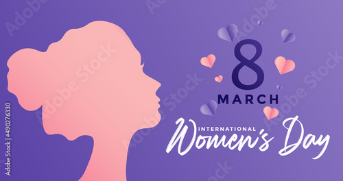 8 March International Women's Day Vector Illustration Concept. Happy Women's Day Calligraphy with Woman Head Illustration from Side View. 8 March Text Design with Purple dan Pink Love Cutout. EPS 10