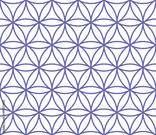 Color of year 2022 very peri abstract geometric vector seamless pattern. Violet crossing circles on white background. Abstract floral pattern in arabic style. Simple design for print and web