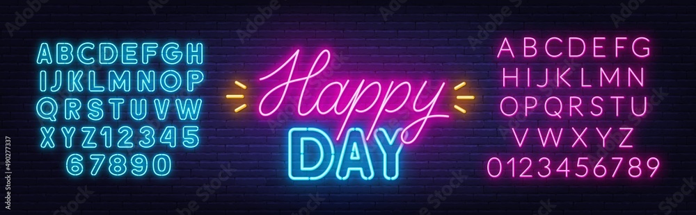 Happy Day neon lettering on brick wall background. Happy Day neon lettering on brick wall background.