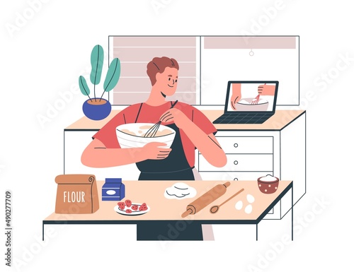Person cooking food at home, watching culinary courses online at laptop. Man in apron at kitchen looking remote lesson on bakery via internet. Flat vector illustration isolated on white background